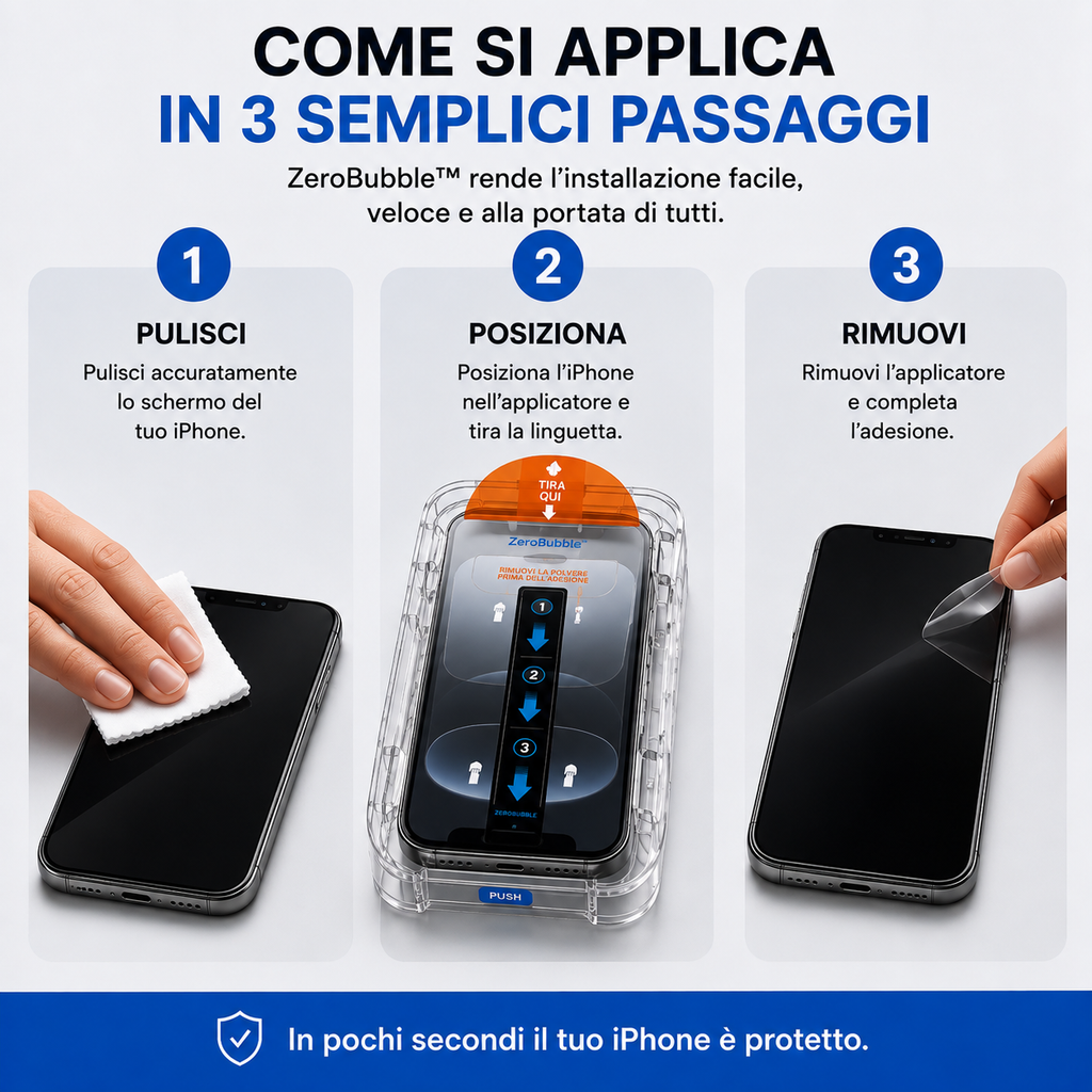 ZeroBubble™ – 3 Pellicole Protettive con Applicatore Automatico Antipolvere per iPhone