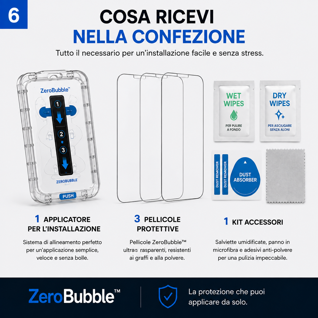 ZeroBubble™ – 3 Pellicole Protettive con Applicatore Automatico Antipolvere per iPhone